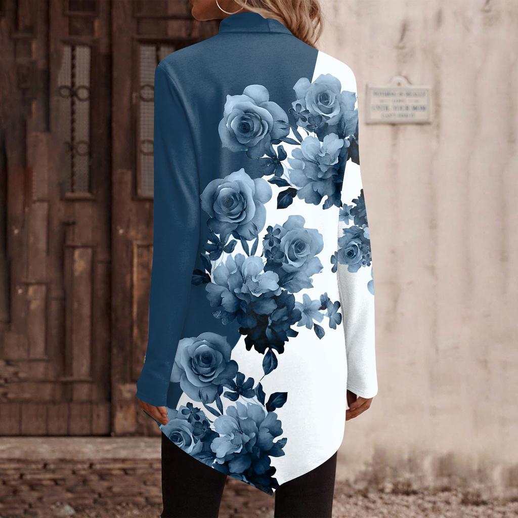 Casual Fashion Floral Print Shirt Tops High Neck Irregular Hem Long Sleeve Pullover Tops