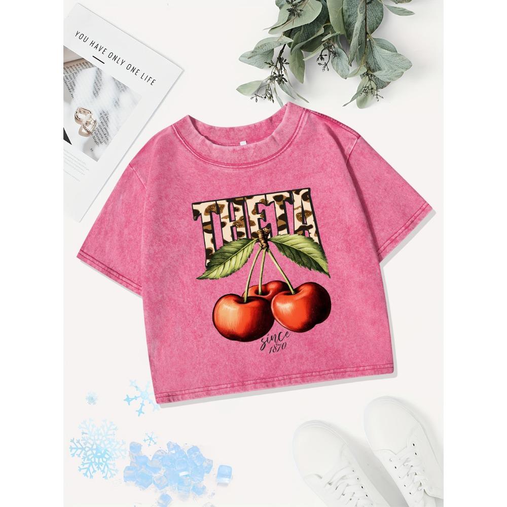 Летние хлопковые кроп-топы женские с принтом свежей вишни, выстиранные футболки, обычная посадка, уличная одежда, уличная женская одежда