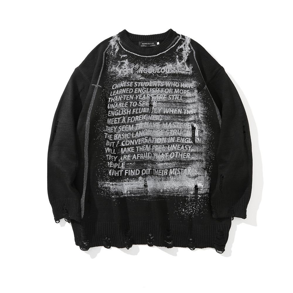 Свитер с принтом букв Diablo Rip для мужчин Ins High Street Trendy Brand Loose Crewneck Pullover