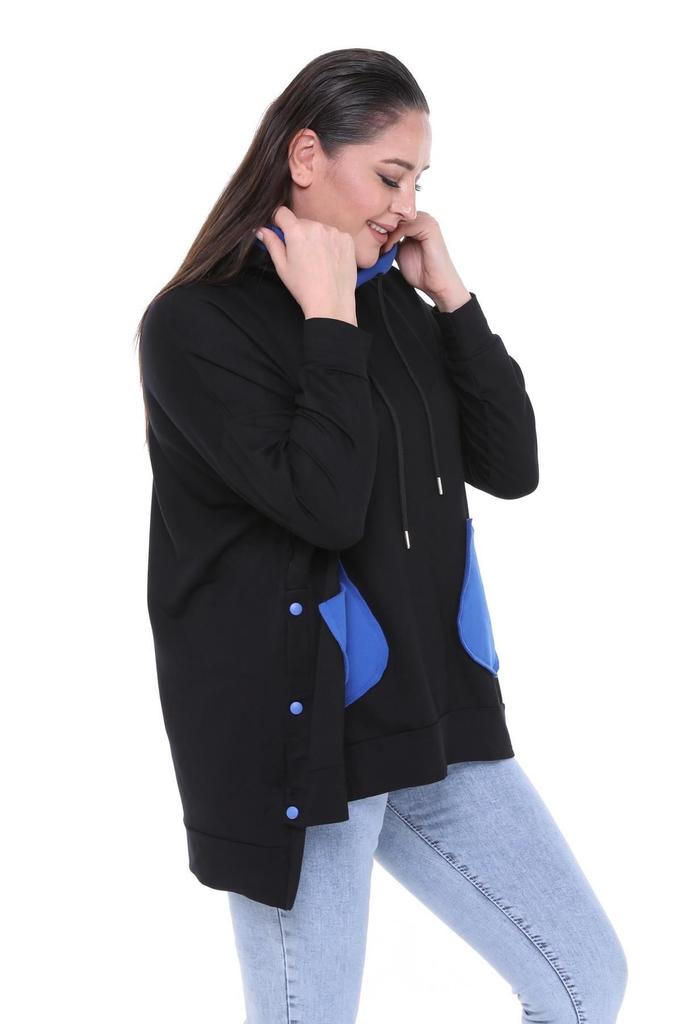Women's Style Big Size Sweatshirt Large Size Extra Comfortable Fit Black Sweatshirt With Green Pocket Detail