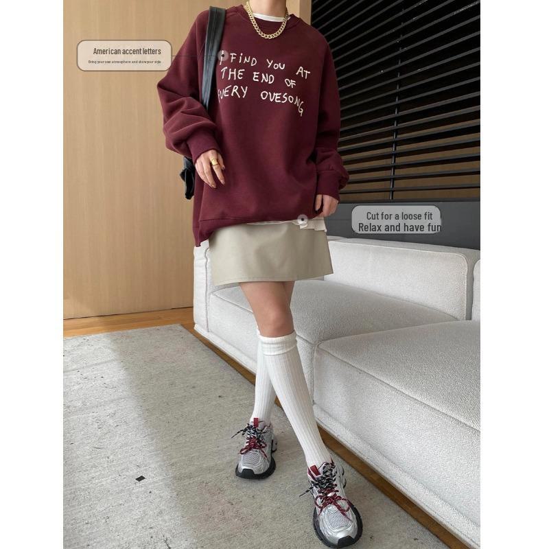 Синан Свободный стиль блогера Американский акцент Рукав реглан Боковая молния Повседневный Плюс Бархатный свитер SN6837