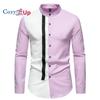 Mens Colorblock Banded Collar Dress Shirts Autumn New Patchwork Shirt Men Business Casual Social Shirt Male Chemise Homme