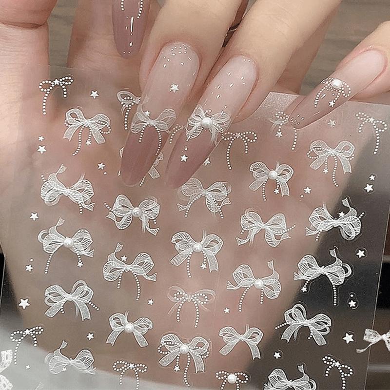 Наклейка для ногтей в форме банта из жемчужного кружева с рельефными бриллиантами, клейкая наклейка для улучшения стереоскопического дизайна своими руками