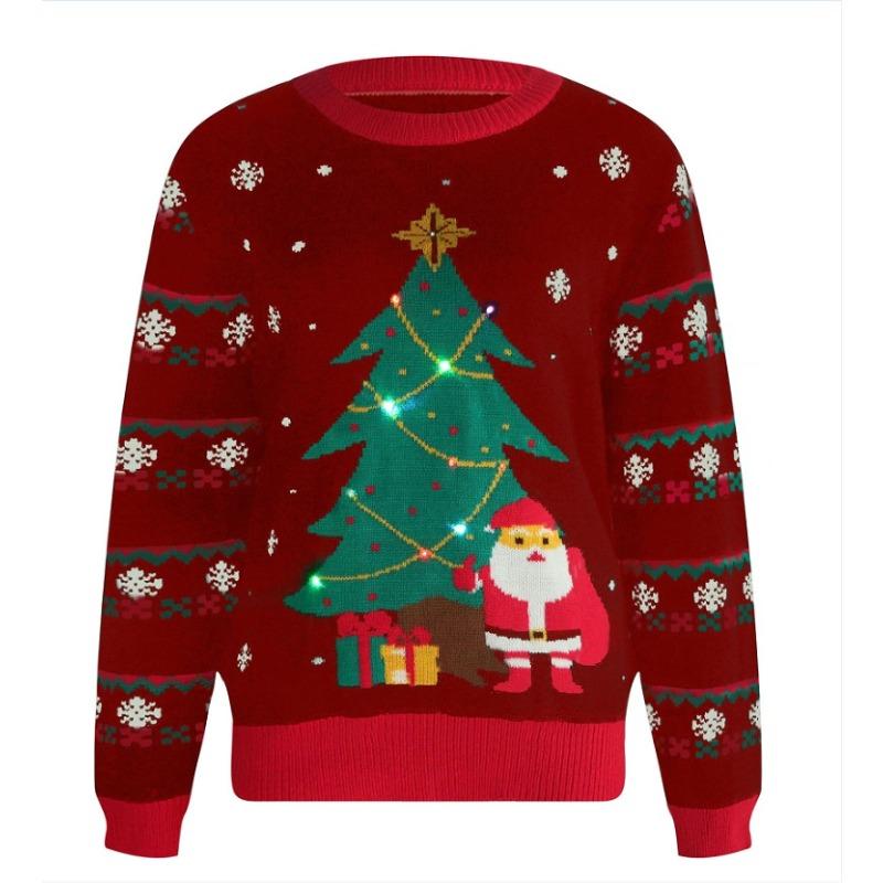 Осенне-зимний женский свитер с круглым вырезом, жаккардовый вязаный свитер с рождественской елкой, рождественский свитер со светодиодной подсветкой