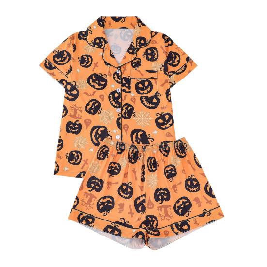 Комплект женской пижамы на Хэллоуин с принтом призрака и тыквы, рубашки с коротким рукавом на пуговицах и шорты, комплект одежды для сна из 2 предметов, домашняя одежда, короткий комплект пижамы