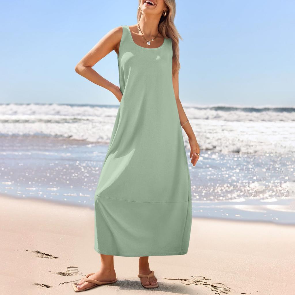 Summer Women's Casual Loose Sleeveless Round Neck Sundress Long Beach Dress