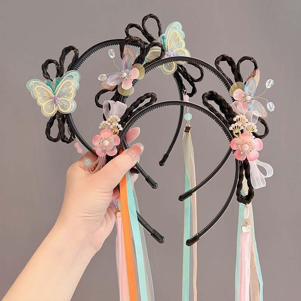 Китайский стиль Бант-лента для волос с кисточками Головной убор для девочек в стиле Ханьфу Парик Плетеное кольцо для волос Вечеринка