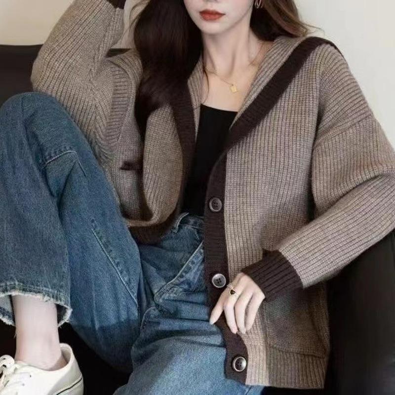 Свободный свитер с капюшоном в стиле колор-блок, женский вязаный кардиган, толстое пальто