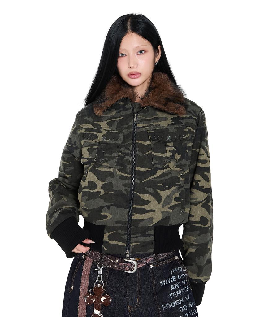 Aakam Studded High Neck Fur Jacket (Camo)