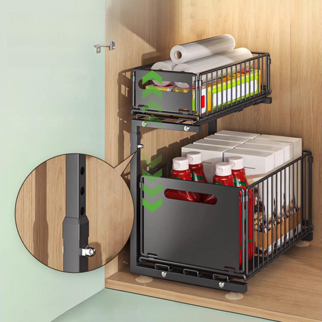 Органайзеры и хранение под раковину, Металлический выдвижной органайзер для шкафа, 2-ярусная выдвижная кухонная корзина для кухни, ванной