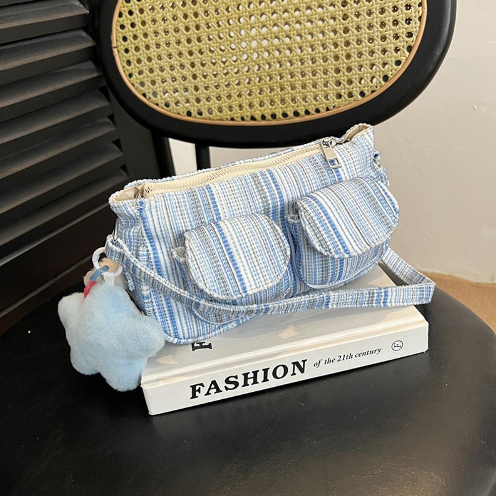 Designer Plaid Shoulder Bag Multi Pocket Women Handbag Korean Striped Armpit Bag Daily
