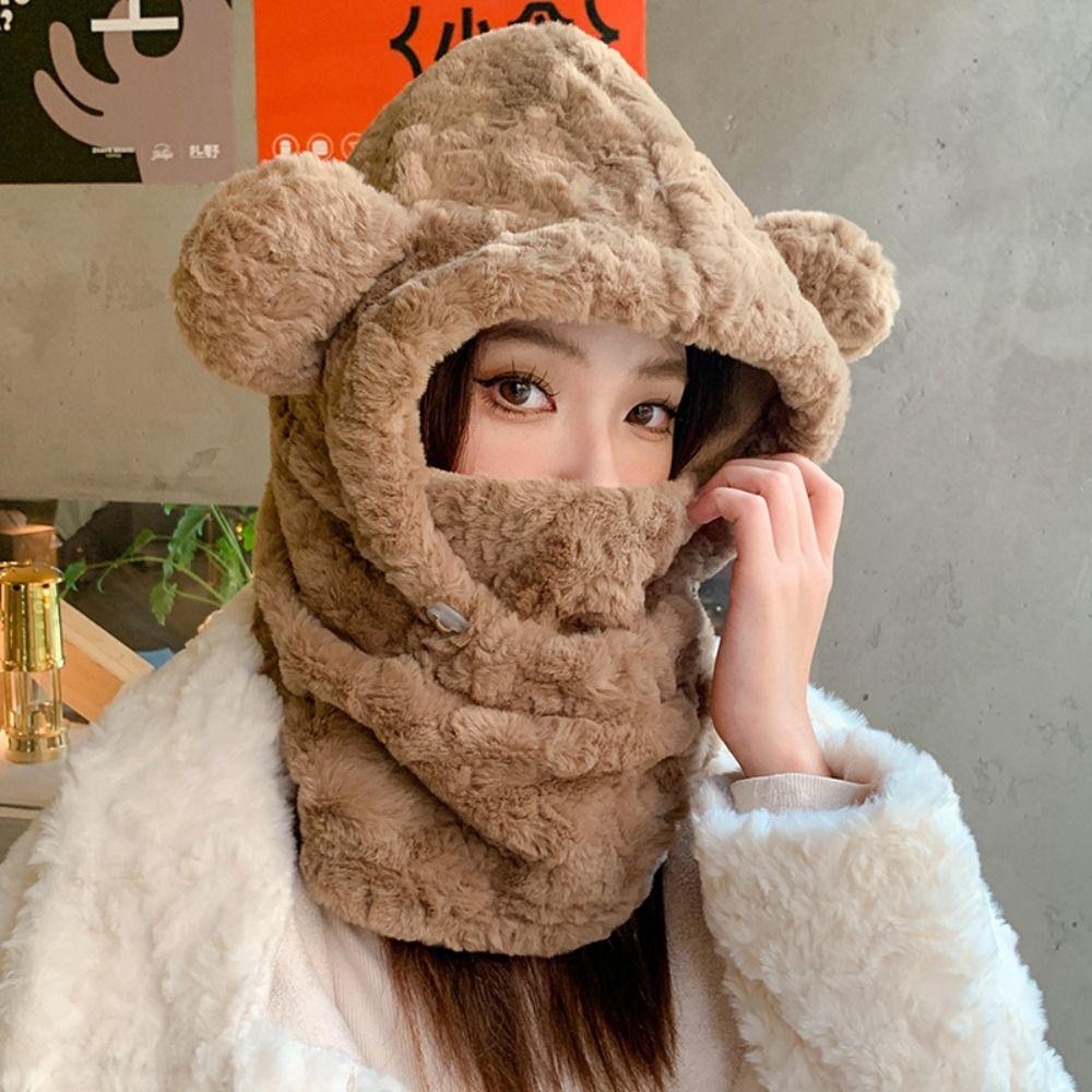 Теплая шапка-бини с ушками медвежонка, плюшевая маска-балаклава, набор шапок- skullies, кавайная балаклава, женская/для девочек