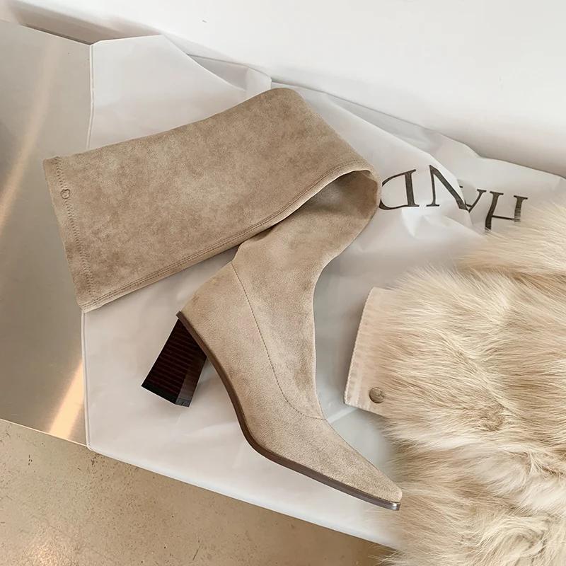 Модные женские ботфорты выше колена, черные, хаки, женская сексуальная обувь для стройных ног, эластичные ботфорты до бедра, детская замша, платье, ботильоны, размер 33-43