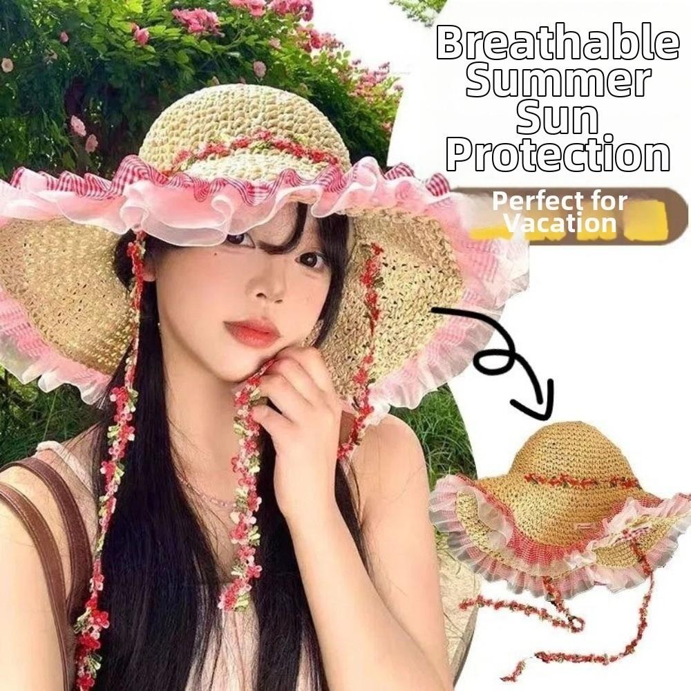 Breathable Sun Protection Straw Hat Nylon Lightweight Lace Trim Large Brim Hat Floral Tie Hollow Out Sunshade Hat Vacation