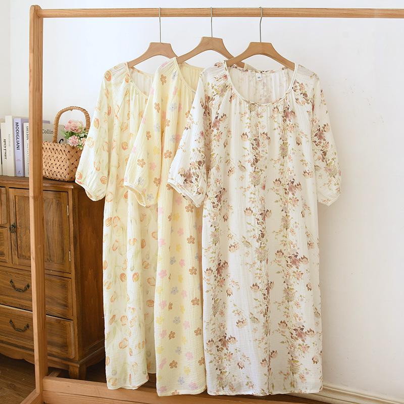 Новая женская весенне-летняя юбка для сна 2026 года, 100% хлопковая креповая ткань, юбка с круглым вырезом и пятью рукавами, свободного кроя, милое домашнее платье.