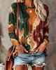 Women Long Sleeve T‑Shirt Green Gold Fluid Marble Swirl Print Crew Neck Loose Casual Daily Blouse Tops