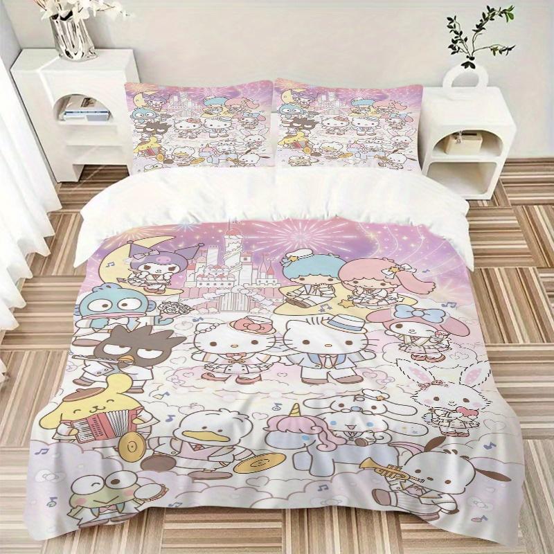 3pcs Fireworks Sanrio Characters Printed Quilt Set - Includes 1 Quilt Cover and 2 Pillowcases, Machine Washable - Suitable for All Seasons.W035