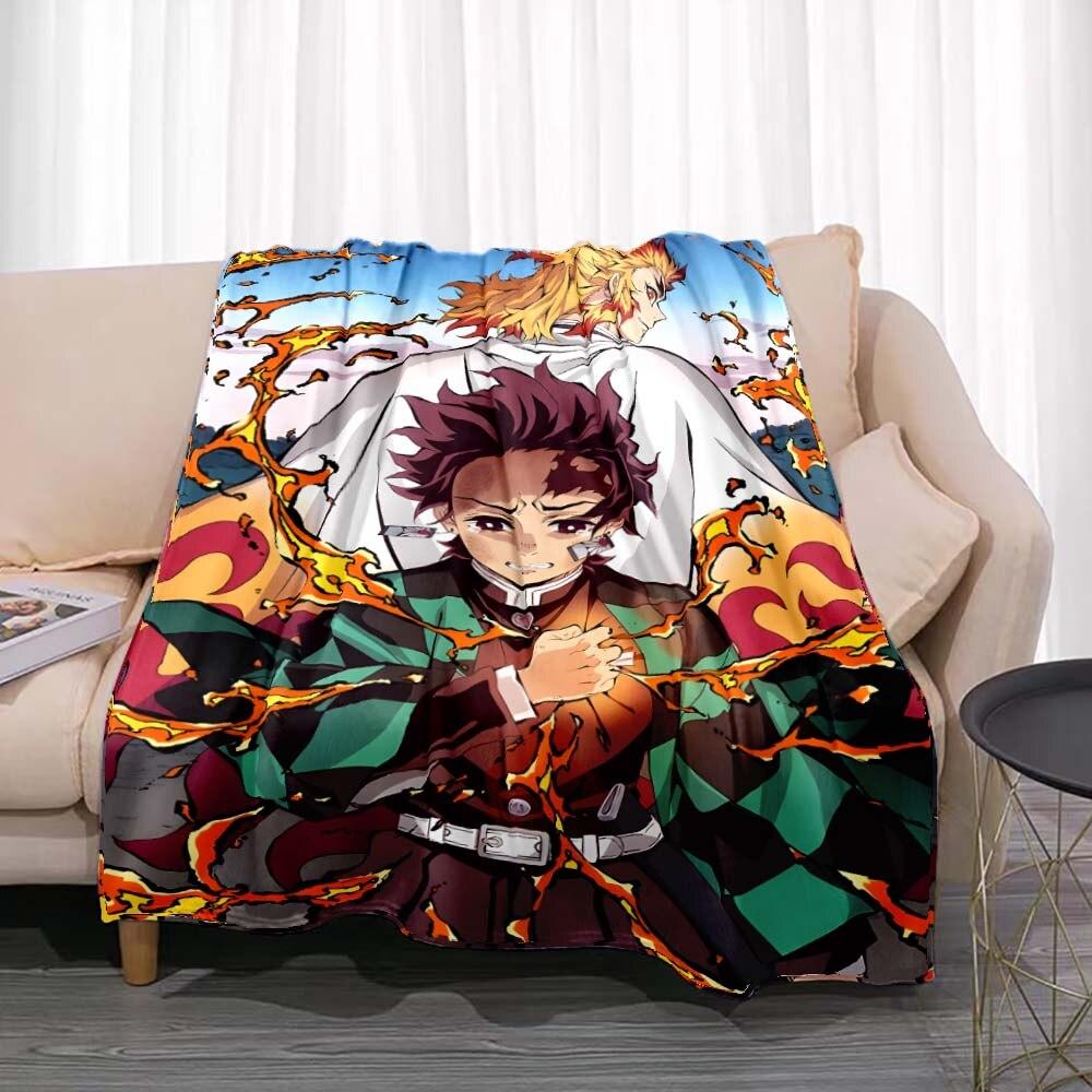 Demon Slayer Flannel Throw Blanket Anime Cartoon Smooth Soft Bedspread Warm Gamer Gift Living Room Sofa Home Bedroom Decor