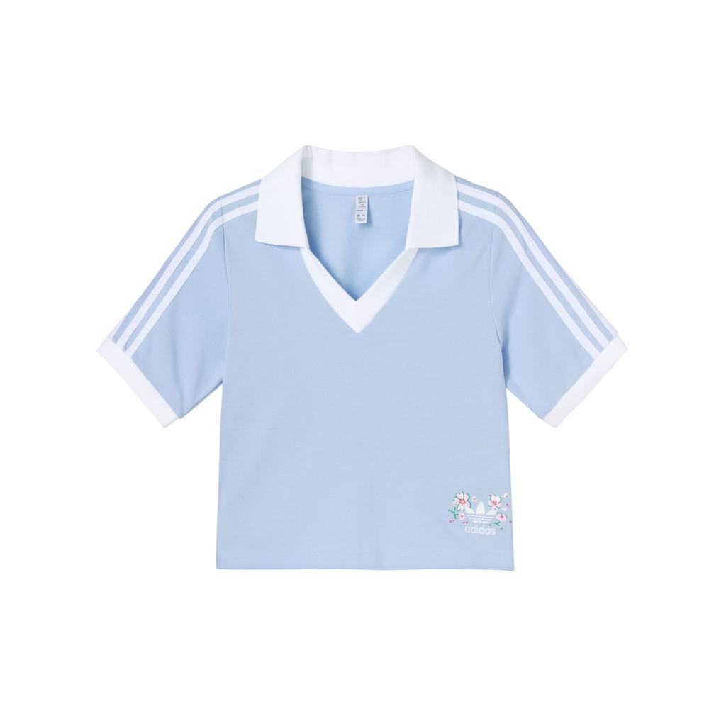 Adidas Ori Trefoil Cherry Blossom Ltd Floral Print Striped Crop Casual Polo Women Tops Light-Pink Blue IP3756