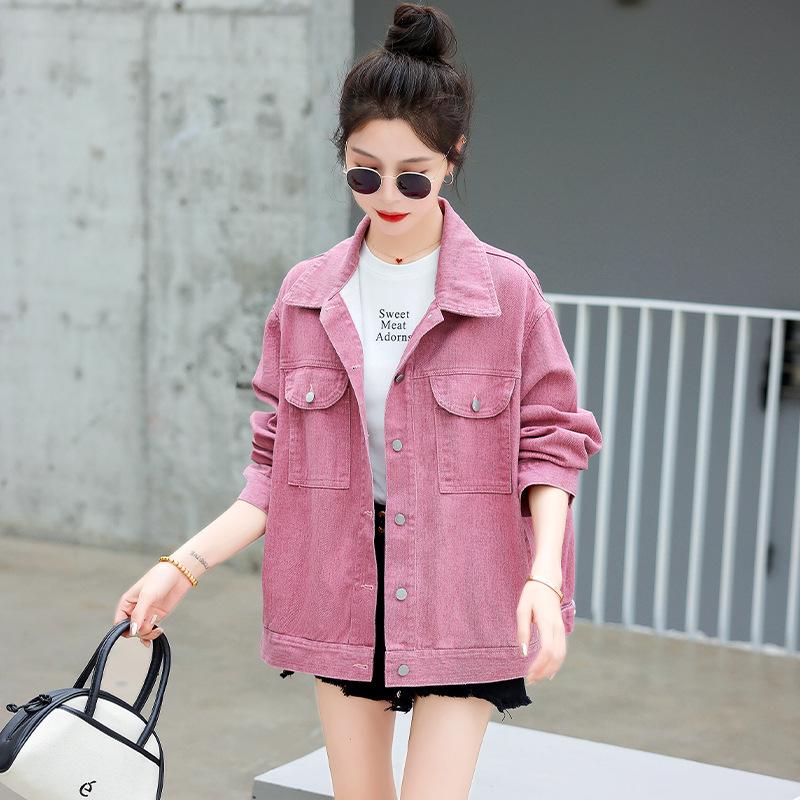 Women’s Casual Pink Denim Jacket - Autumn 2023 Loose Fit, Age-Reducing Style