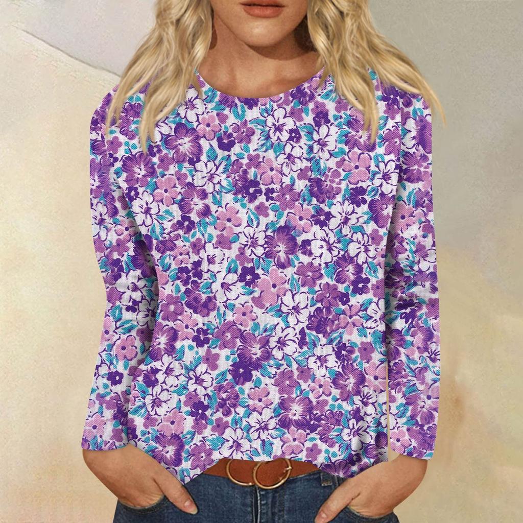 Женский модный повседневный пуловер с круглым вырезом и длинным рукавом с цветочным принтом