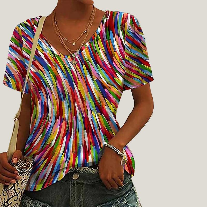 Women's V-neck Short Sleeved Blue Striped Printed Top Loose T-shirt Casual Shirt