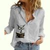 Women Fashion Buttoned Shirt Spring&summer Thin Cotton Linen Top Casual Cat Print Long Sleeved Blouse