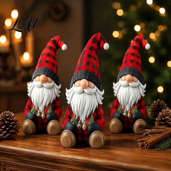 Christmas Window Display Ornaments 3Pcs/Set Wooden Gnome Ornaments Faceless Figurines with Plaid Hats Traditional Winter Holiday Accents Rustic
