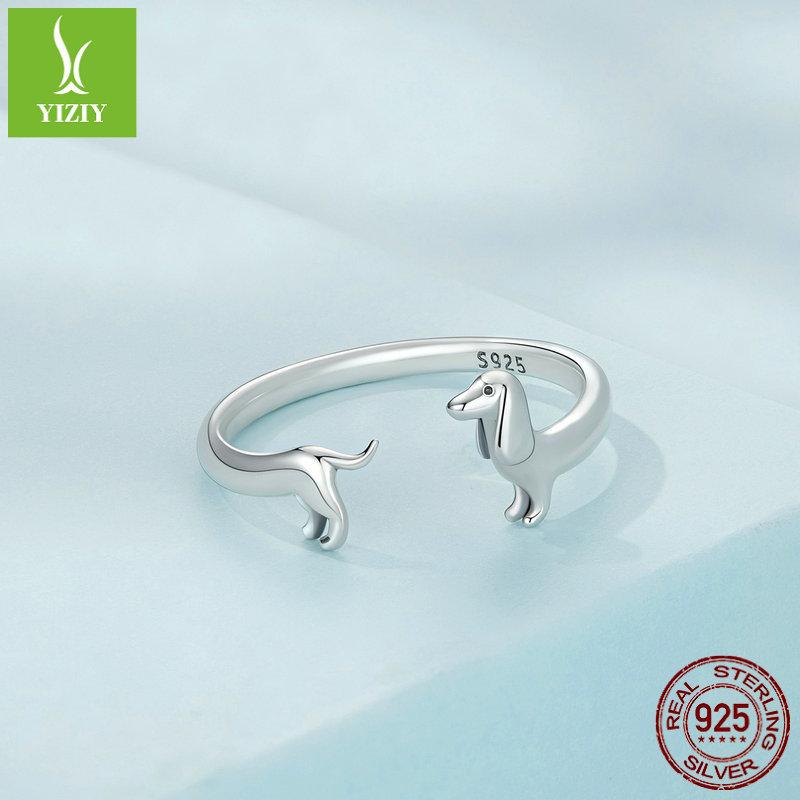 S925 Silver Dachshund Dog Stud Earrings Jewelry Set, Cute Animal Plain Silver Open Ring