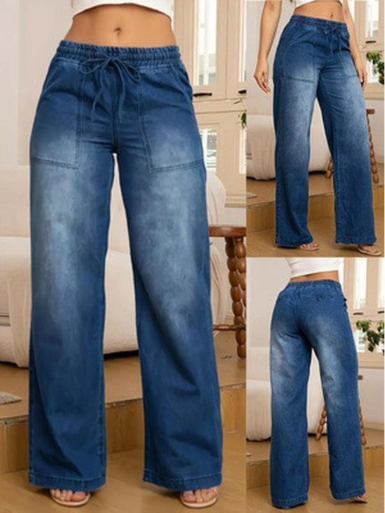 Women's Retro High Waist Wide Leg Drawstring Jeans - Washed Loose Fit Straight Leg Pants