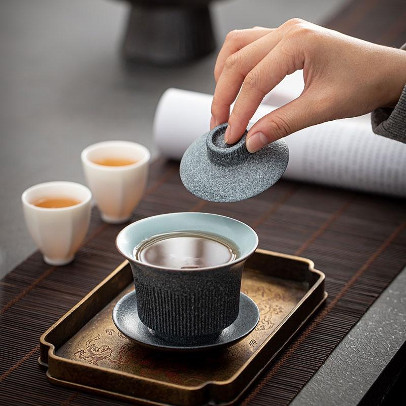 140 мл Керамическая гайвань с глазурью «Синий камень» Винтажная чаша «Саньцай» Чаша для чайной церемонии в японском стиле