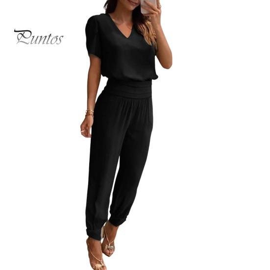 2Pcs/Set Chic Short Sleeve Shrinkable Cuffs Loose Outfit Lady Short Top Long Wide Leg Sweatpants Set Streetwear
