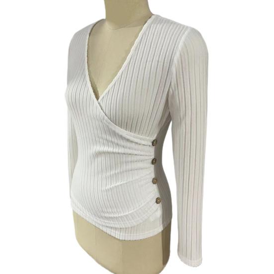 Женские осенние однотонные топы с глубоким v-образным вырезом и длинными рукавами, элегантные облегающие пуловеры с декором на пуговицах, топы в рубчик