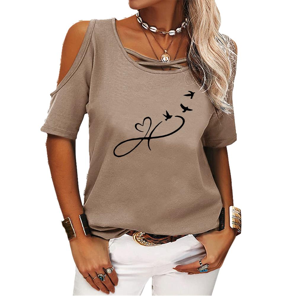 Женская летняя повседневная футболка с открытыми плечами с принтом