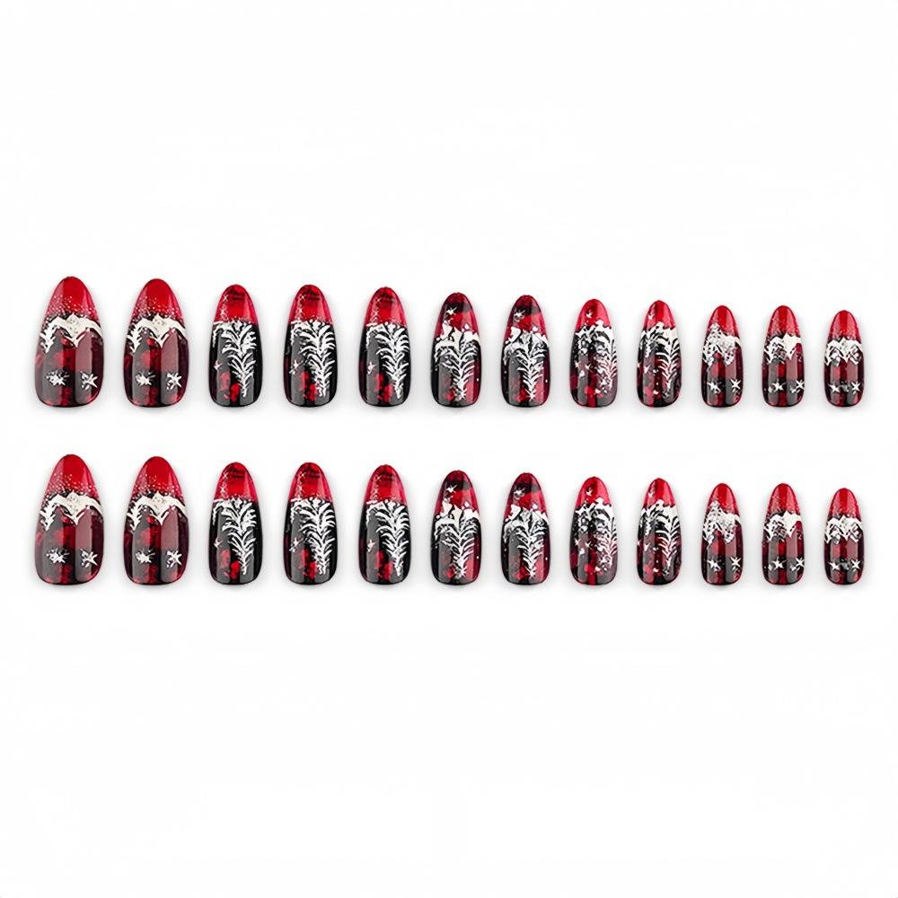 Christmas Dark Gradient Fine Glitter Falling Cedar Tree Snowflakes Christmas Wear Nails Long Almond Christmas Manicure