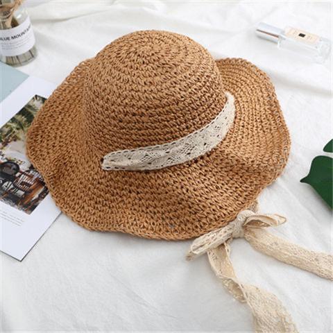 New straw hat women's summer beach hat sunscreen eaves handwoven straw hat sunshade lace strap straw hat tide