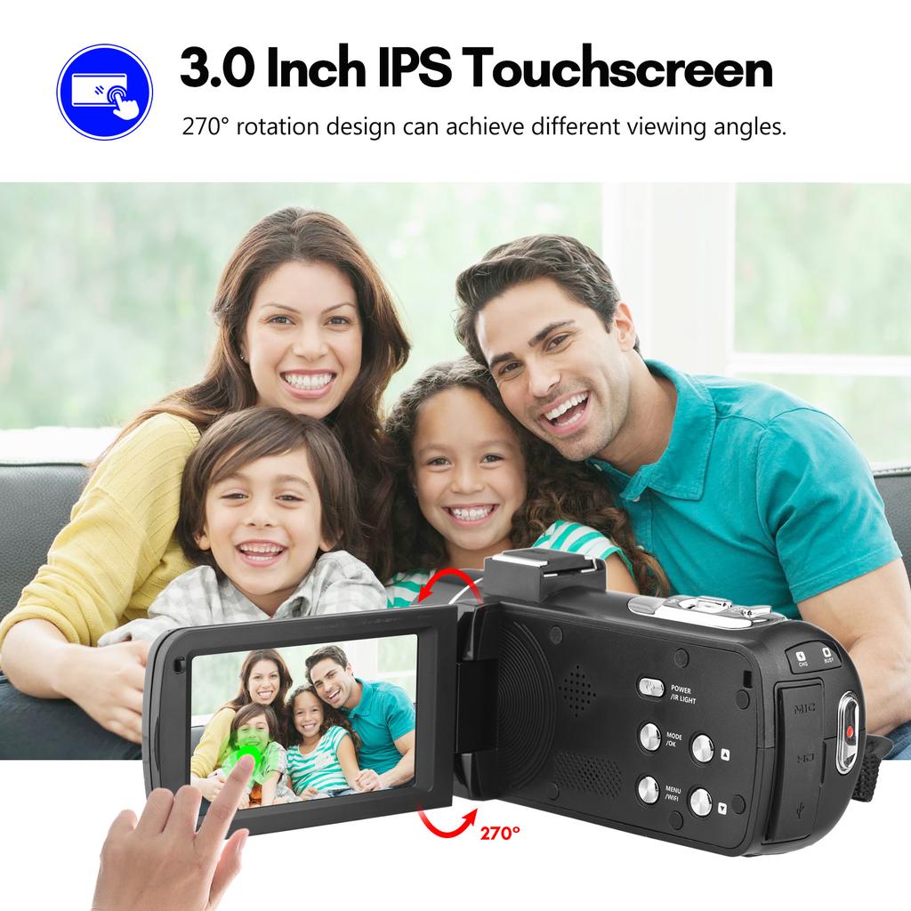 4K Digital Video Camera WiFi Camcorder DV Recorder 56MP 18X Digital Zoom 3.0 Inch IPS Touchscreen