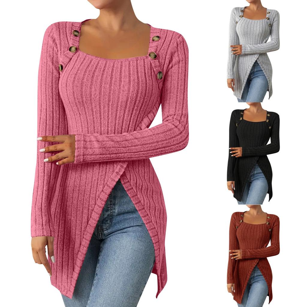 Women's Fashion Casual Long Sleeve Solid Colour Square Neck T-Shirt Button Decoration Irregular Hem Top