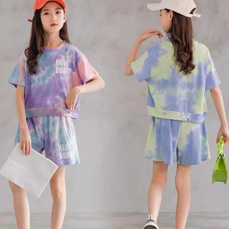 Костюмы для девочек с принтом тай-дай, летняя корейская версия, большие дети, маленькие девочки, юбки с короткими рукавами, шорты, тренд из двух предметов
