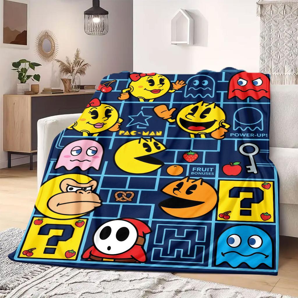 Pac-Man Iconic Print Flannel Blanket, Anime Cartoon Figures for Bed, Warm Bedroom Decor, Travel Friendly Blanket_LIAN