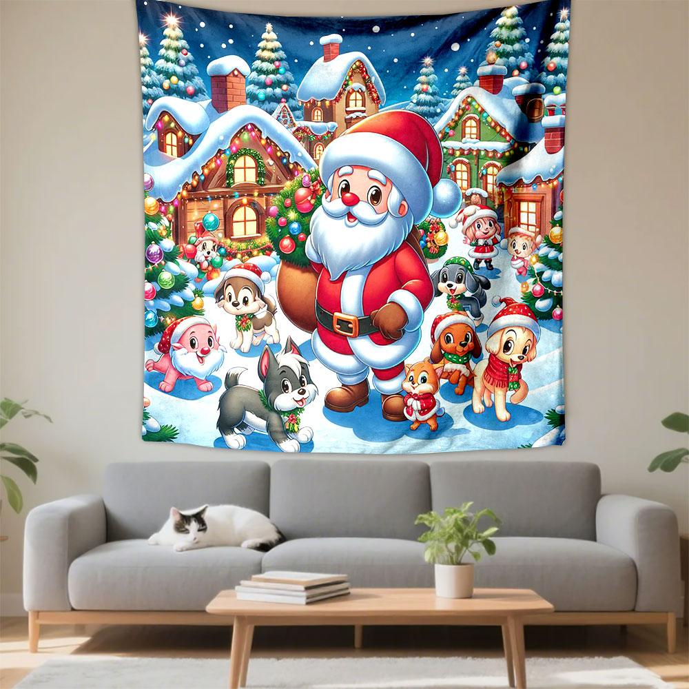 Santa Claus with Animals in Festive Village Patterned Tapestry Decorative Wall Hanging, Home Bedroom Living Room Decor