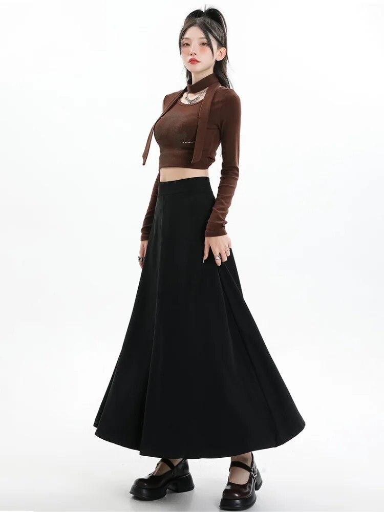 Винтажный серый костюм, юбка трапециевидной формы, женская весенне-осенняя плиссированная юбка средней длины с высокой талией, черная