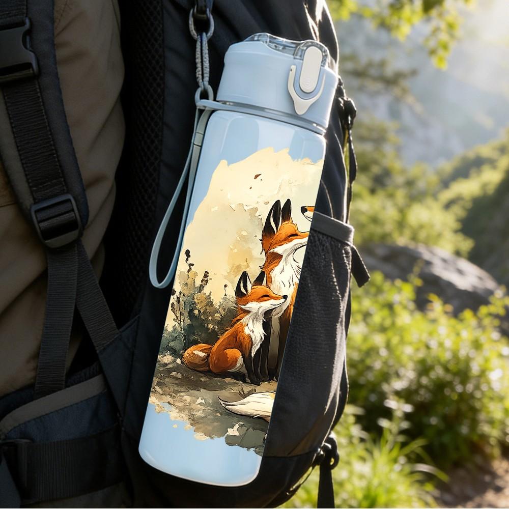 1PC Fox Autumn Forest Scene Print 750ml Color Plastic Sports Water Bottle Leakproof Flip Straw Lid Suitable for Sports Office Home Use