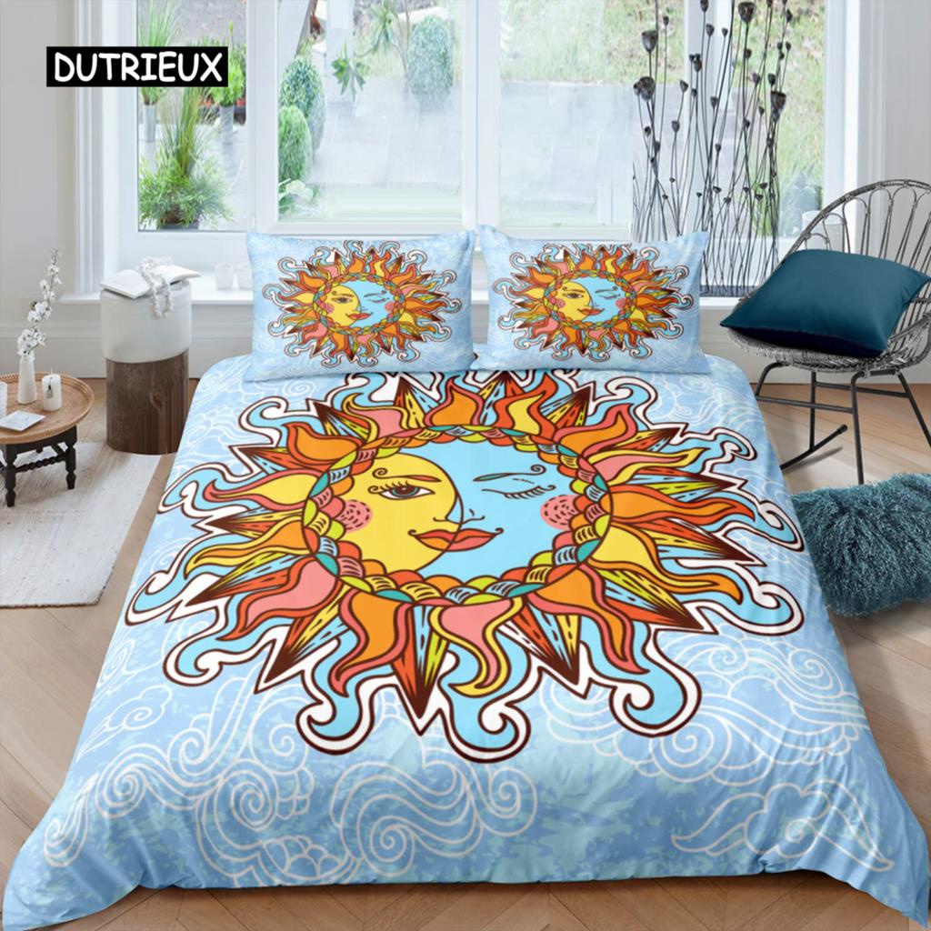 Комплект пододеяльника Sun Moon Queen Микрофибра Богемный Черно-белый принт Инь Ян Пододеяльник Галактика Звезда Полуторный Комплект постельного белья