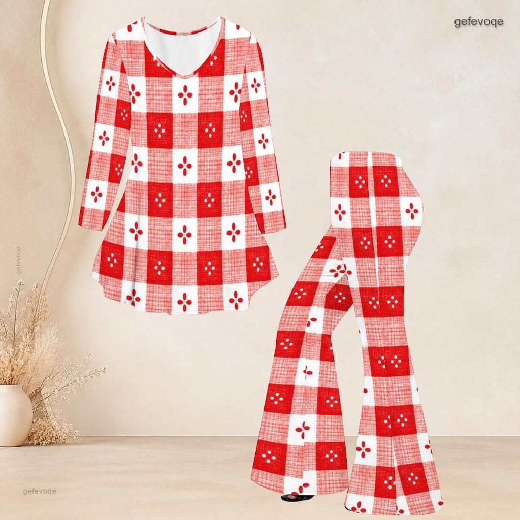 Women Plus Size V Neck Three Quarter Sleeve Brown Beige Printed Flared Top Flared Pants Two Piece Set