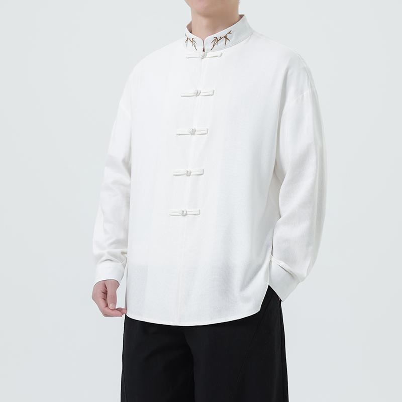 Мужская рубашка в китайском стиле с бамбуковой вышивкой, осень 2025, мужская рубашка с длинным рукавом, свободная, ленивая, белая, мужские топы из хлопка и льна в стиле ханьфу