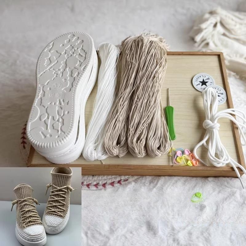 Сплетенные вручную летние крючковые подошвы с противоударными резиновыми подошвами + полые линии, связанные вручную тапочки, короткие ботинки, обувь своими руками, вязаный крючком материал