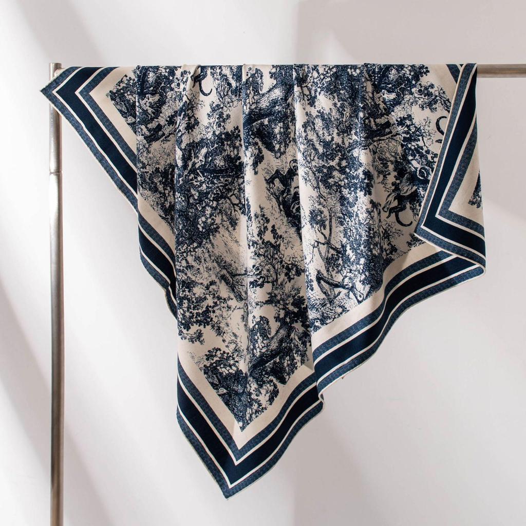 Retro Blue & White Silk Wool Double-Sided Scarf - Elegant Large Square for Autumn/Winter