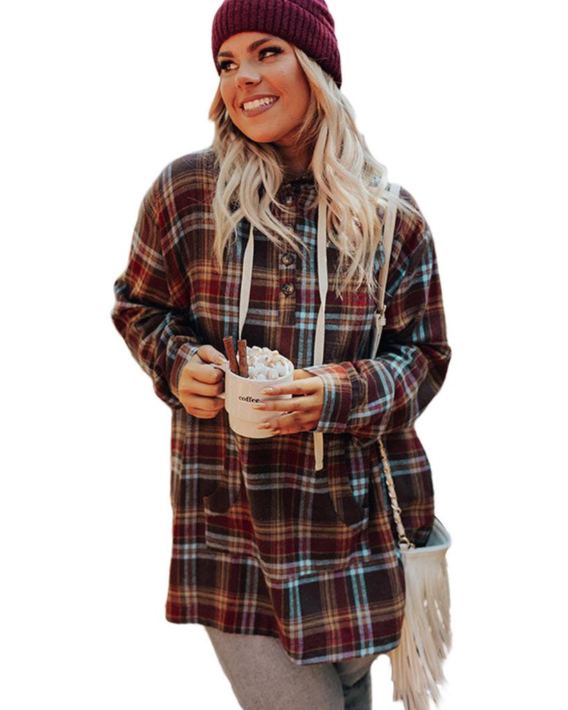 Azura Exchange Red Plus Size Plaid Kangaroo Pocket Drawstring Hoodie