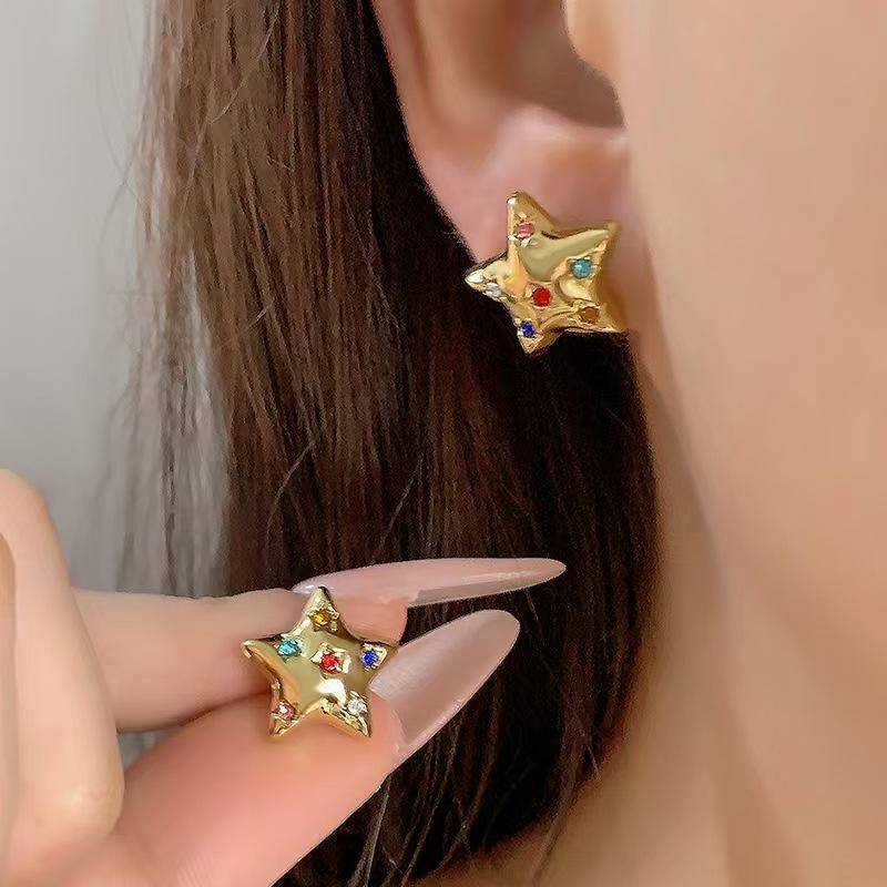 Huibao Y2K Style Rainbow Zircon Star Heart Stud Earrings High Quality Tarnish Free Gold Plated Stainless Steel Jewelry for Women